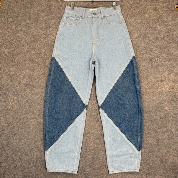 GANNI Blue Stary Jeans Womens 27 Patchwork Tapered Denim Pants Two Tone Balloon - Picture 1 of 16
